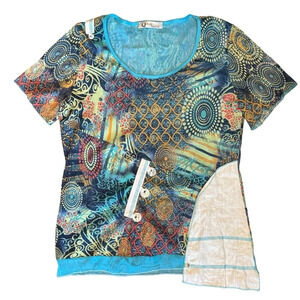 Quinze Heures Trente Top Size 3 Y2K Graphic Mixed Media Artsy Mesh Buttons Sheer